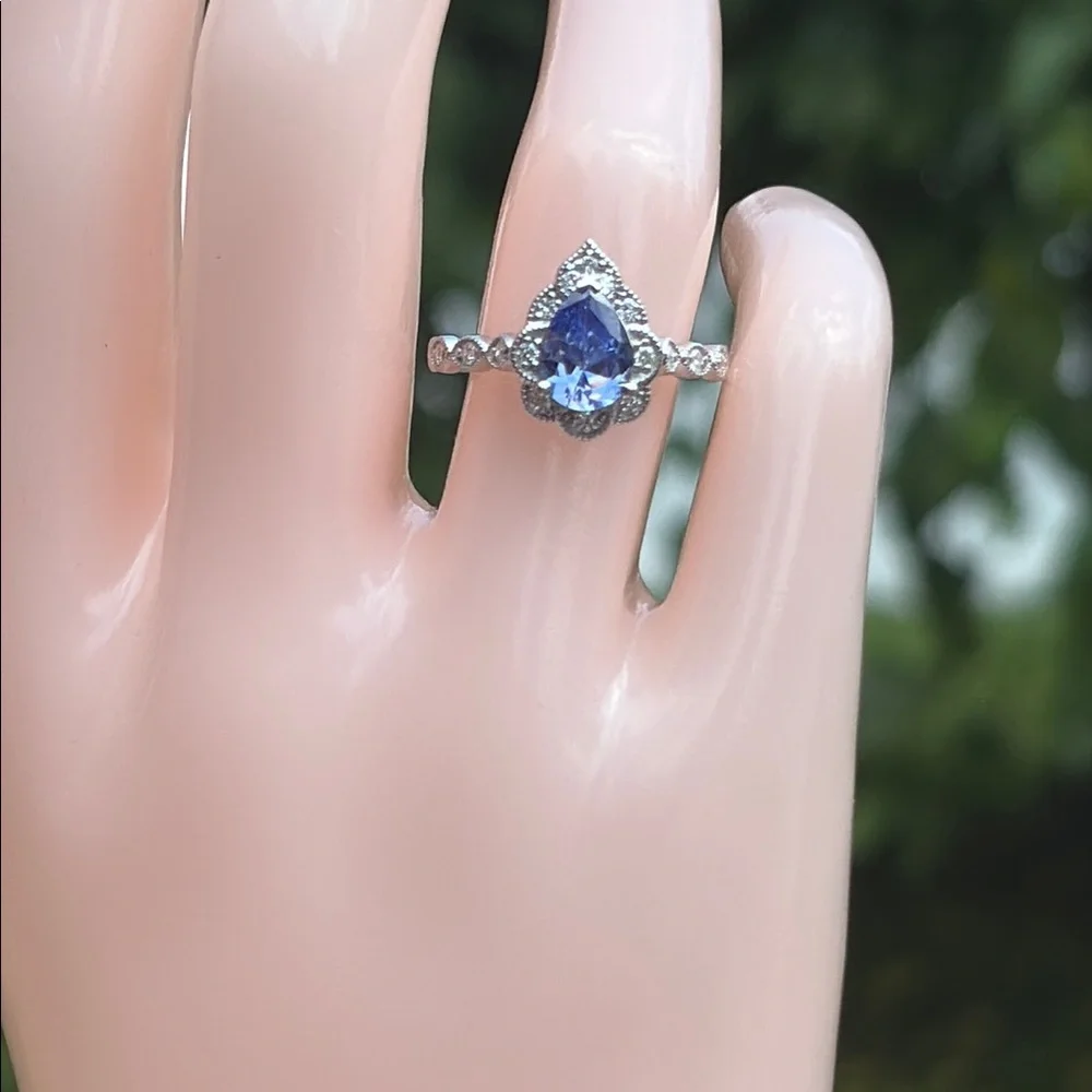Pear Cut 1.25 tcw Genuine Tanzanite & Diamond Ring Sterling Silver Size 7